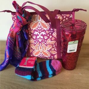 4 Pc Bundle Insulated Double Handled Lunch Tote Bag, Scarf, Tumbler, Socks NWOT